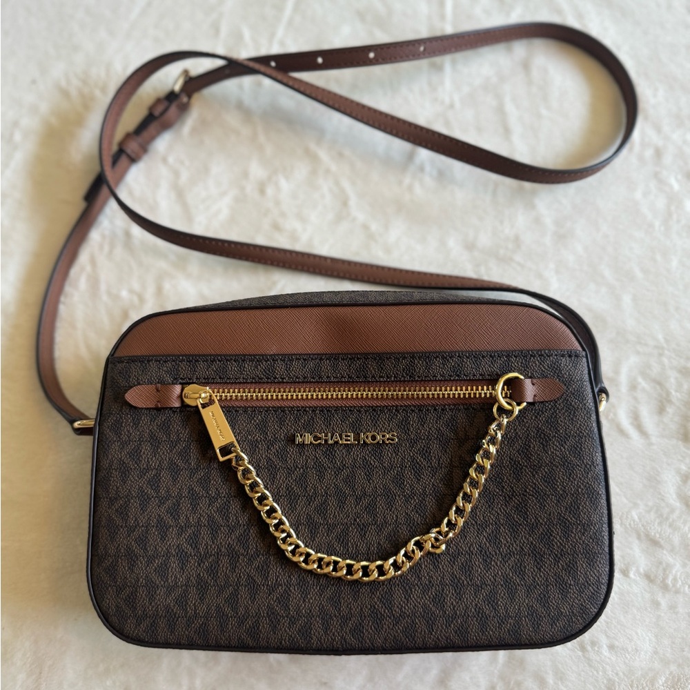 Michael Kors Brown and Gold Crossbody Bag with Signature Monogram